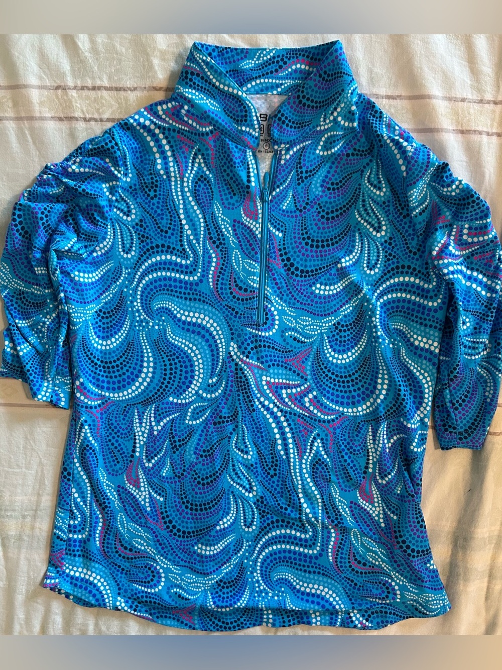 IBKUL Teal & Aqua Dot Zip Placard 3/4 Ruched Sleeves Performance Top S